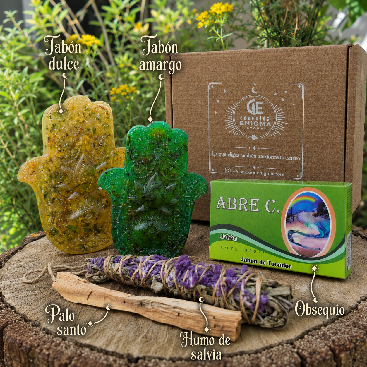 Kit Ritual Renacer con jabón de siete hierbas dulces, jabón de siete hierbas amargas, sahumo de salvia, palo santo y jabón de tocador de obsequio, presentado junto a su caja de Conexión Enigma Store.