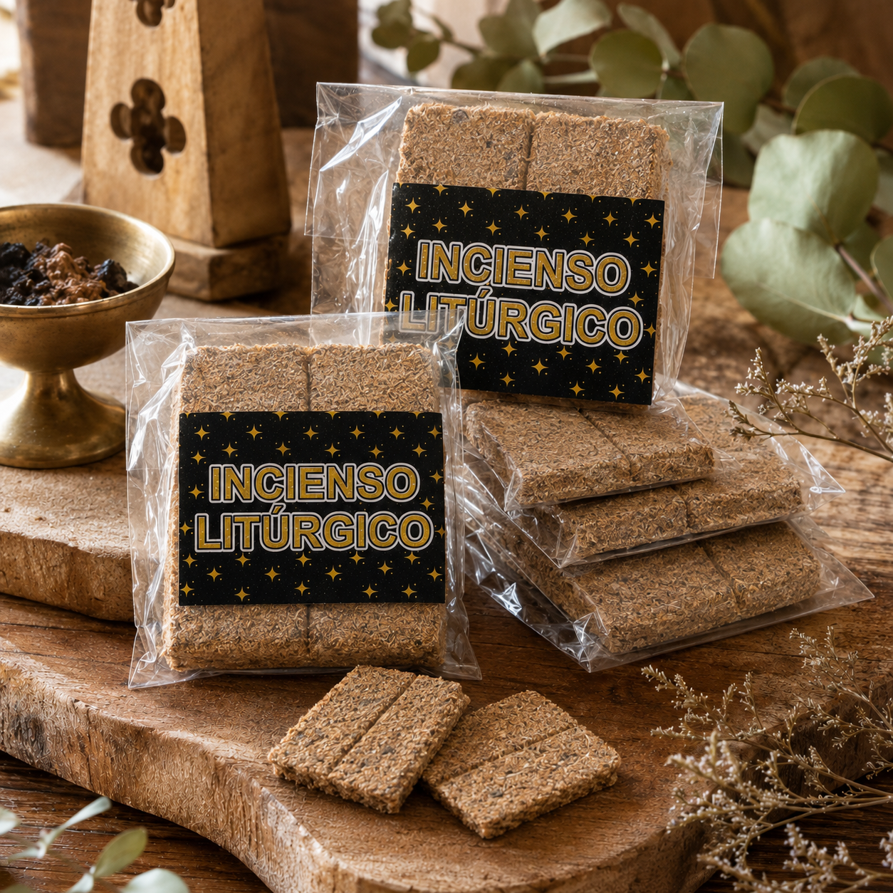 Paquete de incienso litúrgico con dos tabletas delgadas sobre una superficie de madera, en ambiente natural.