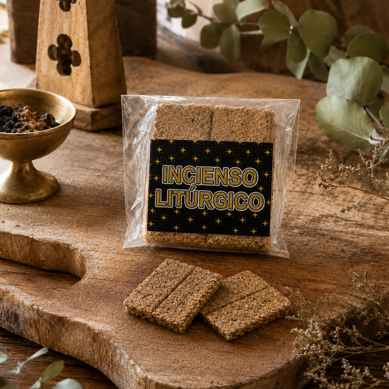 Paquete de incienso litúrgico con dos tabletas delgadas sobre una superficie de madera, en ambiente natural.